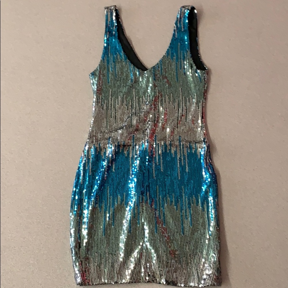 Blue & Silver Sequin V Neck Dress size Small